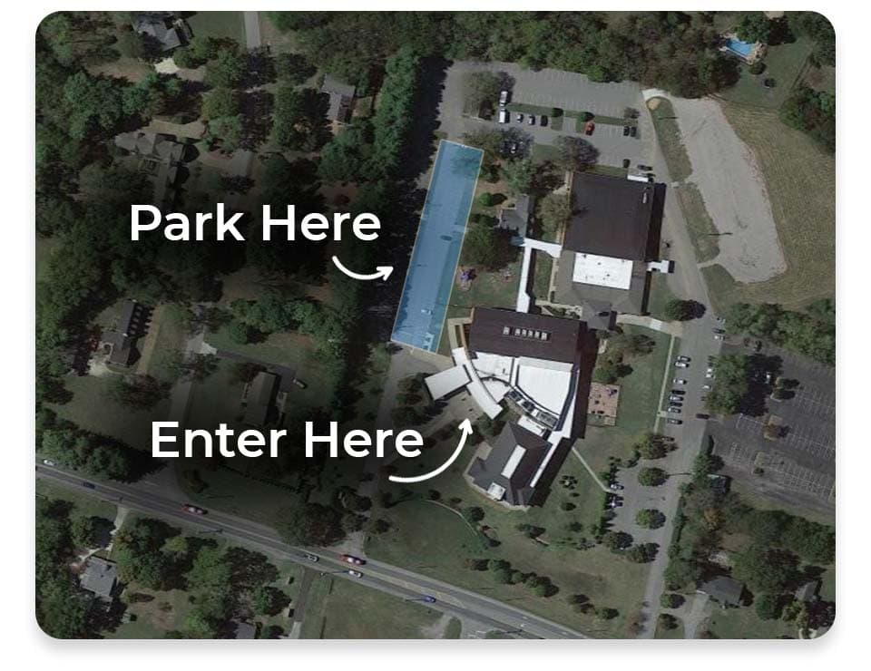 Map showing where to enter and parking for ClearView Baptist Church