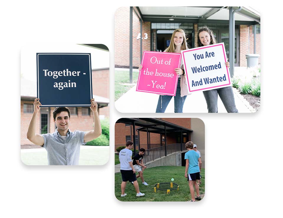 College students holding signs welcoming visitors to ClearView Baptist Church
