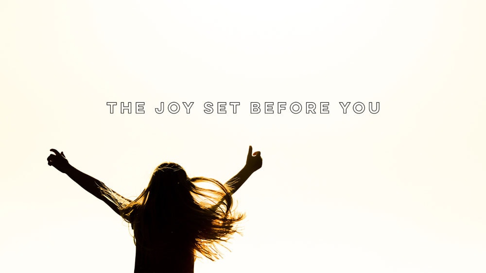 a silhouette of a woman jumping labeled the joy set before you