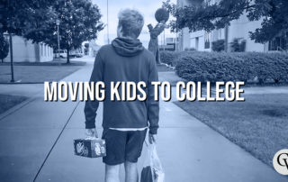 a young man walking through a college square with snacks labeled moving kids to college