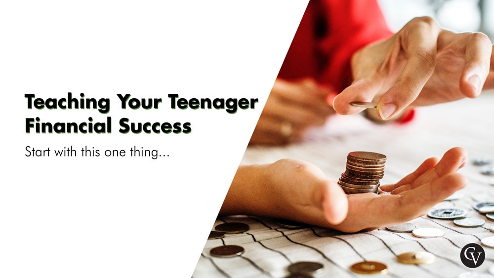 hands counting a stack of coins labeled teaching your teenager financial success start with this one thing